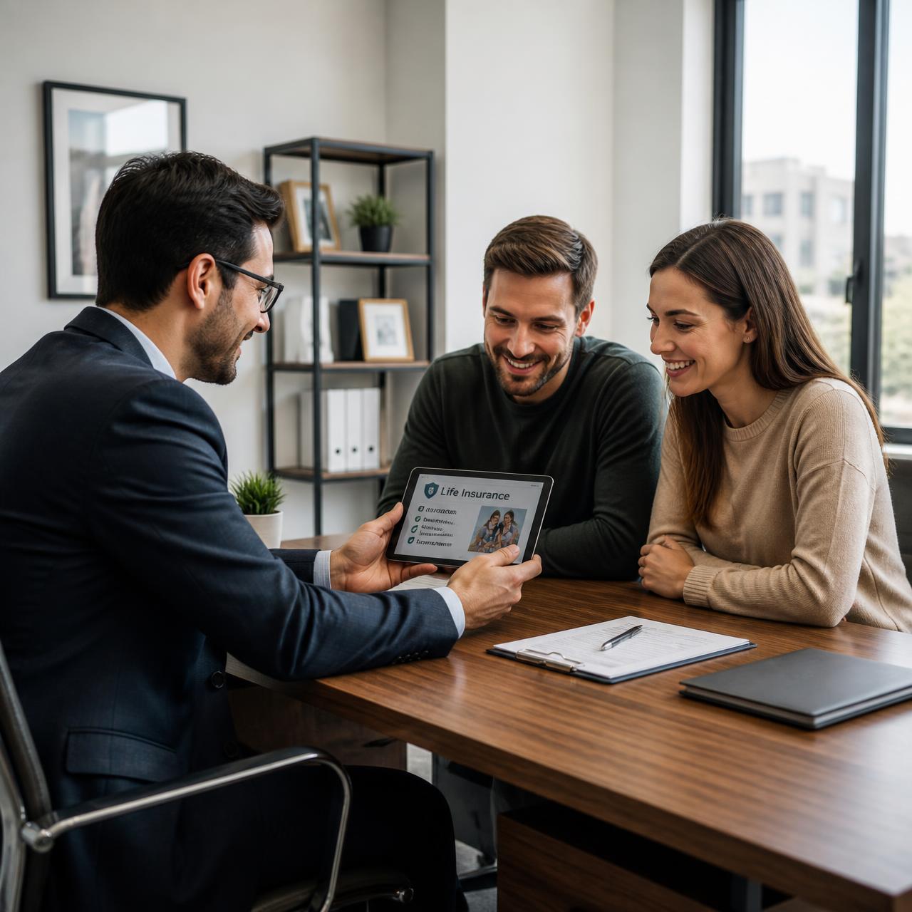 Licensed insurance professional showing term life options on a tablet to a young couple