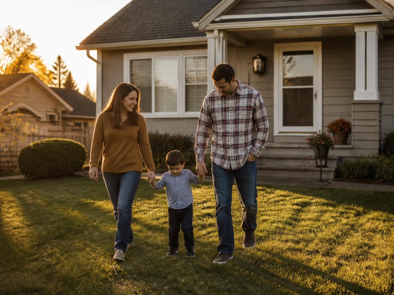 Parents walking outside their home with their young son at sunset