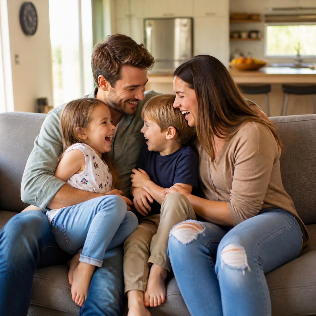 Young parents laughing with their two children on the sofa at home